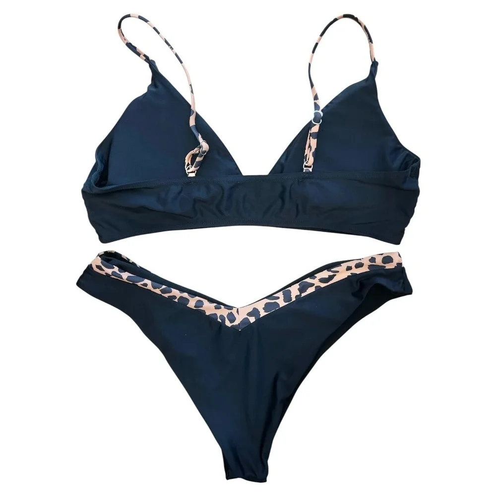 Bikini Swimsuit Womens XL Black Leopard Print Trim Two Piece Swimwear Adjustable